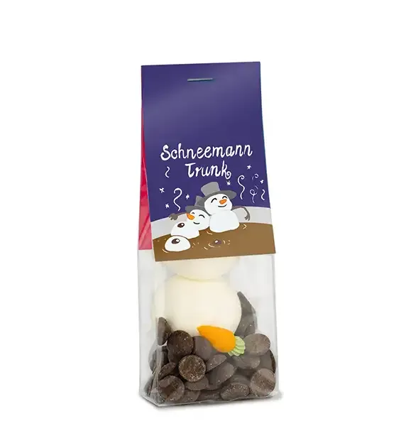 Naschbeutel Schneemanntrunk - Heiße Schokolade mit Marshmallows zum Selbermachen als Werbeartikel mit Logo - Druck inklusive 
