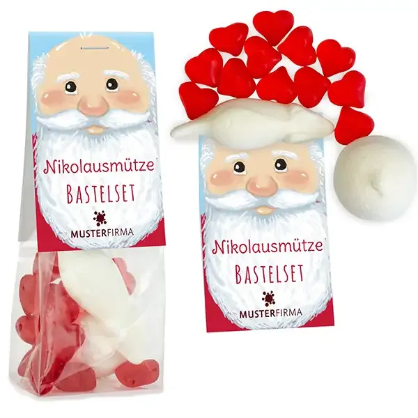 Nikolausmütze-Bastelset -Marshmallow und Fruchtgummi, verpackt in Beutel mit Werbereiter aus Karton inklusive Druck a