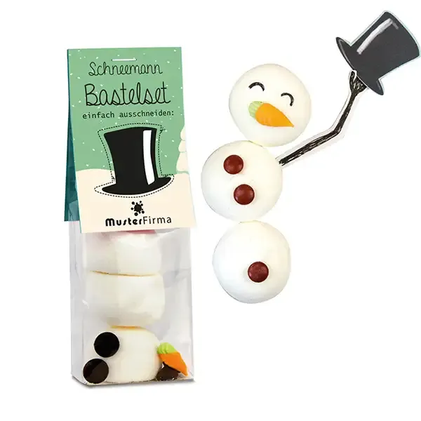 Schneemann-Bastelset - Marshmallows, Schokolinsen &amp; Zuckerdekor, verpackt mit Werbereiter aus Karton inklusive Druck