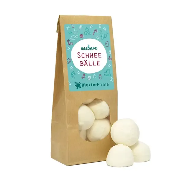 Winter-Wundertüte, Schaumzuckerkugeln, verpackt in Beutelpapier mit Sichtfenster &amp; Klebeetikett inklusive Druck als Giveaway