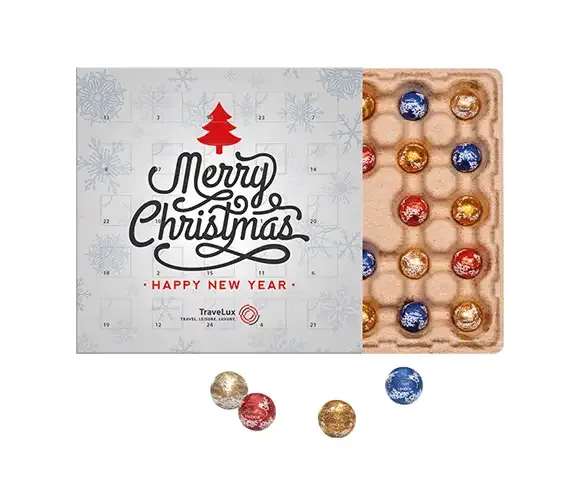 Mini Kugeln Adventskalender mit Logodruck inklusive als Werbegeschenk 