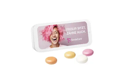 Schiebedeckeldose Schiebedeckeldose gefüllt mit Bonbons nach Wahl und inklusive Druck auf dem Deckel als Werbegeschenk