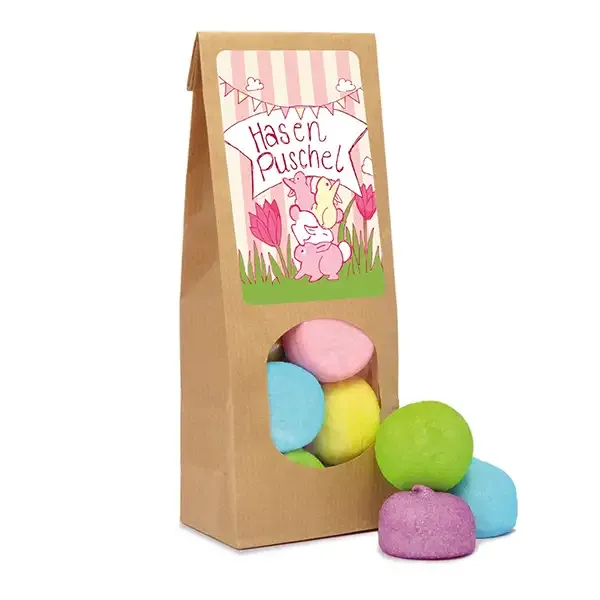 Wundertüte Hasenpuschel - Marshmallow in Papiertüte mit Sichtfenster inklusive Druck auf Etikett als Werbeartikel mit Logo