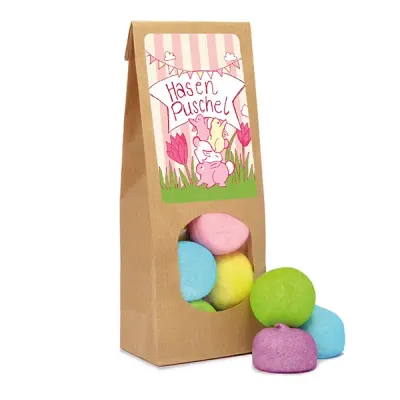 Wundertüte Hasenpuschel Wundertüte Hasenpuschel - Marshmallow in Papiertüte mit Sichtfenster inklusive Druck auf Etikett als Werbeartikel mit Logo