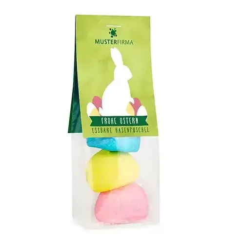 Ostern Hasenpuschel- bunte Schaumzuckerkugeln, verpackt in Beutel mit Karton-Werbereiter inklusive Digitaldruck als Giveaway