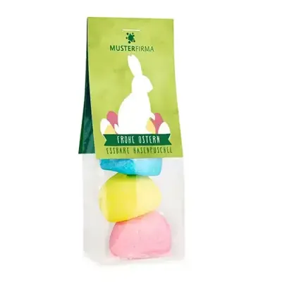 Oster Naschbeutel - Hasenpuschel Ostern Hasenpuschel- bunte Schaumzuckerkugeln, verpackt in Beutel mit Karton-Werbereiter inklusive Digitaldruck als Giveaway