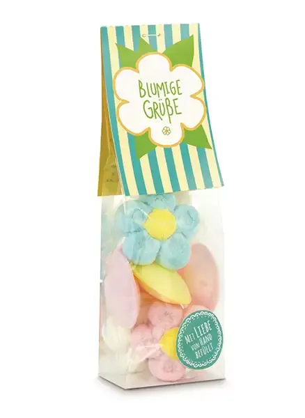 Blumige Grüße Naschbeutel- Brauseufos &amp; Schaumzuckerblumen, verpackt im Beutel mit Karton-Werbereiter inklusive Druck