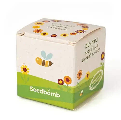 Seedbombs / Saatkugeln im Kartonwürfel mit Logo als Werbemittel