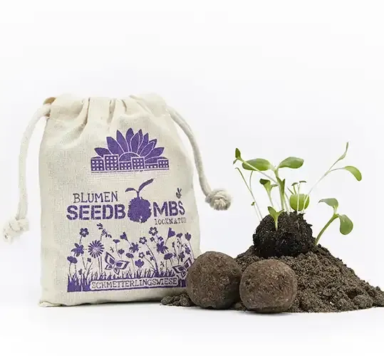 Seedbombs / Saatkugeln in Baumwollbeutel mit Logo als Werbemittel