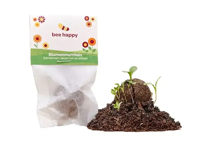 Seedbombs / Saatkugeln in Pergaminbeutel mit Logo als Werbemittel