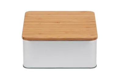 Universalbox / Keksdose aus Weißbleck mit Bambusdeckel und deinem Design als Werbeartikel mit Logo