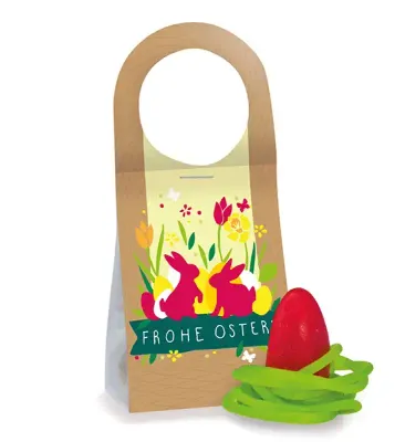 Anhänger Osternest Anhänger Osternest gefüllt mit Mandel Ei und Schnüre als süßes Werbegeschenk zu Ostern inklusive Digitaldruck