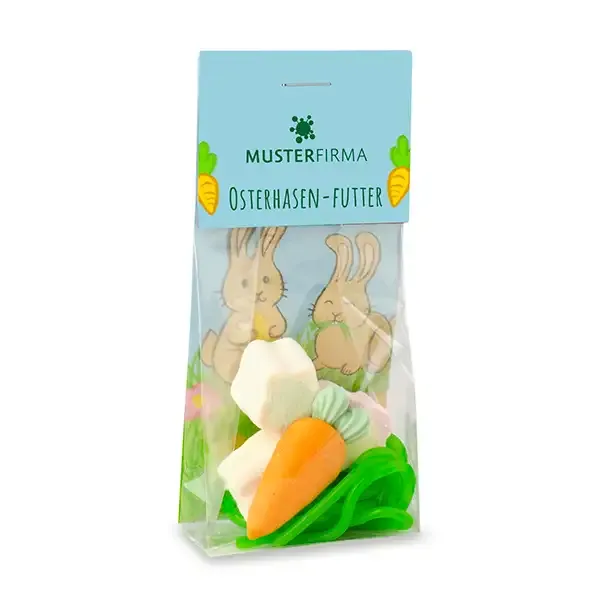 Osterhasen Futter Naschbeutel Fruchtgummischnüre Schaumzucker Blumen &amp; Zuckermöhre inklusive Druck als Werbeartikel mit Logo