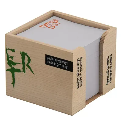 Notizzettel in Holzbox 10 x 10 x 8,5 cm Notizzettel in Holzbox mit individuellem Druck als Werbeartikel für Unternehmen mit Logo