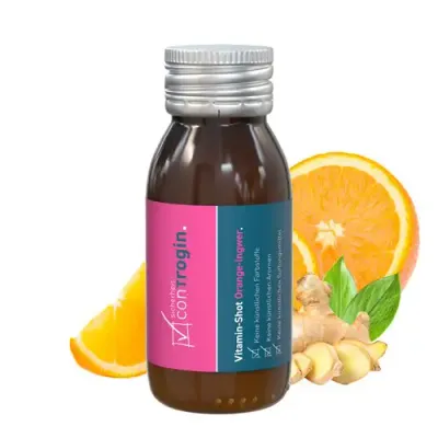 Vitamin-Shot Orange-Ingwer 60ml inklusive Druck auf dem Etikett als Werbeartikel mit Logo