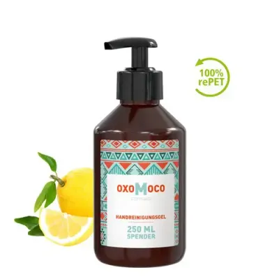 Alkoholisches Handreinigungsgel 250ml Alkoholisches Handreinigungsgel 250ml in Pumpspender inklusive Digitaldruck auf dem Etikett als Werbeartikel mit Logo
