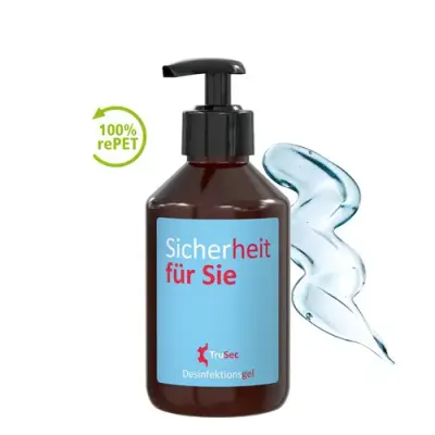 Hände-Desinfektionsgel 250ml im Pumpspender inklusive Digitaldruck auf dem Etikett als Werbeartikel mit Logo