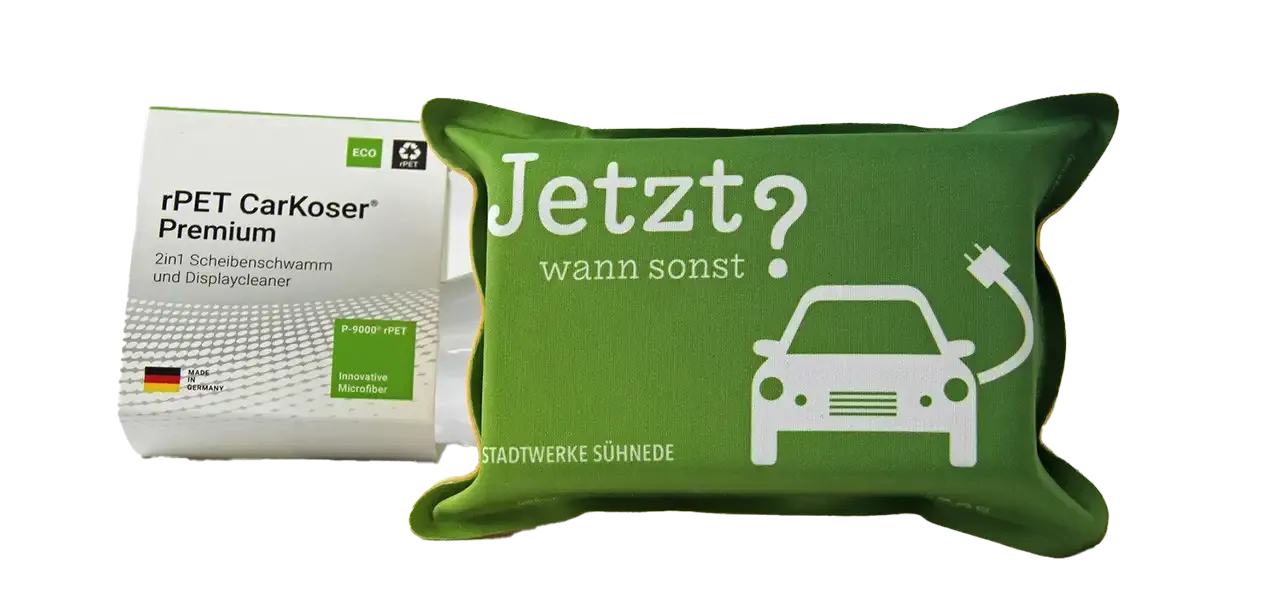2in1 Autoschwamm rPET CarKoser® inklusive Druck mit Logo auf dem Schwamm und Verpackung