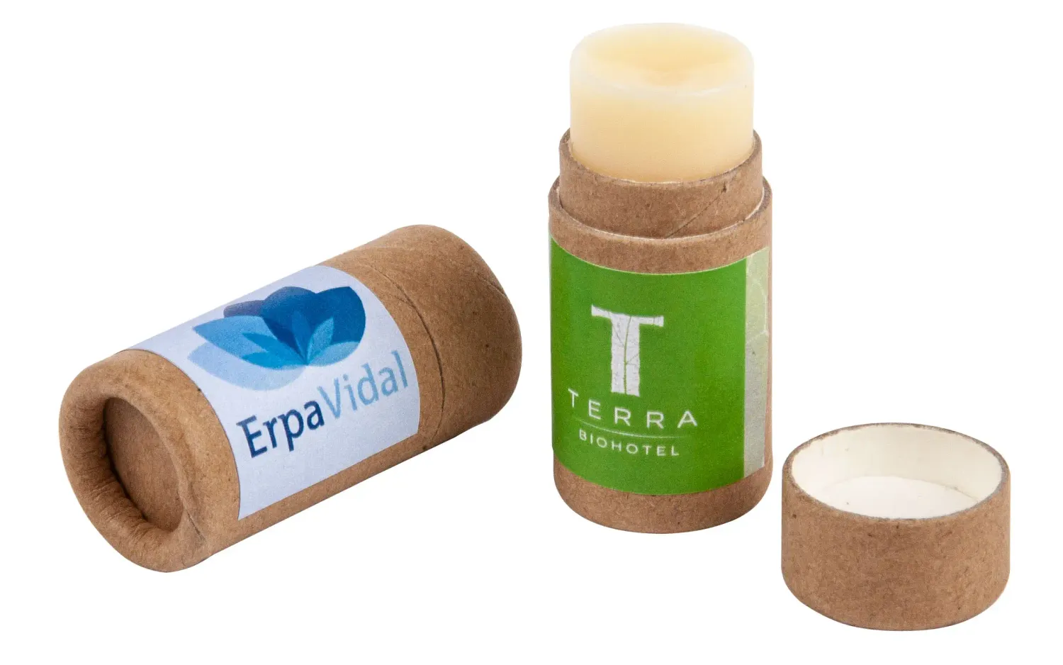 Lippenpflege Eco vegan und naturkosmetik inklusive Druck auf dem Etikett der Kartonverpackung als Werbegeschenk mit Logo