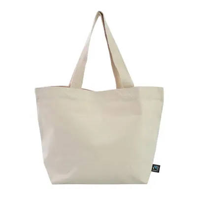 Fairtrade Tasche Hugo Fairtrade-Tasche Hugo mit Logo bedrucken: geräumiger Shopper aus 390 g/m² Fairtrade-Baumwolle mit Bodenfalte, langen Henkeln