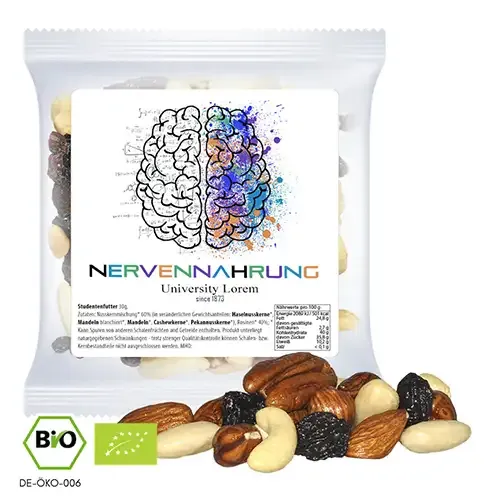 Bio Studentenfutter 30g (Vegan) in PP-Tüte mit Klebeetikett inklusive Druck als gesundes Giveaway