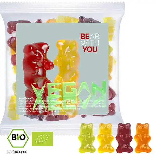 Bio Gummibärchen ohne Gelatine 30g (Vegan) in PP-Tüte inklusive Druck auf dem Etikett als Giveaway mit Logo
