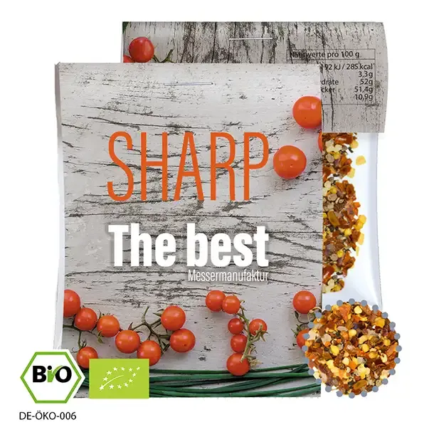 Bio Gewürzmischung „Feuer und Flamme“ 10g in Tüte mit Karton-Werbereiter inklusive Druck als Giveaway mit Logo