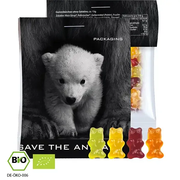 Bio Gummibärchen ohne Gelatine 15g (Vegan) inklusive Druck von deinem Design auf dem Werbereiter aus Karton als Giveaway