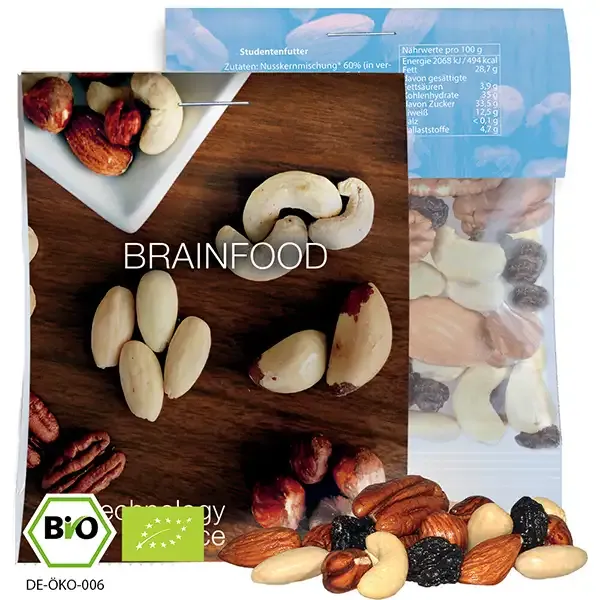 Bio Studentenfutter 15g (Vegan) inklusive Druck auf dem Werbereiter aus Karton als hochwertiges Werbegeschenk mit Logo