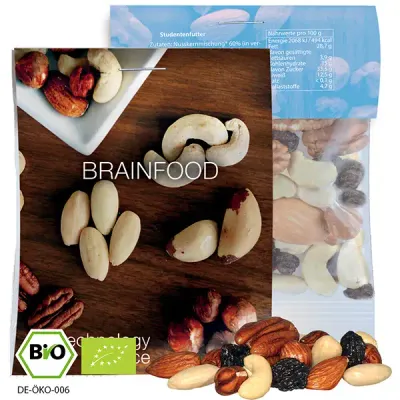 Bio Studentenfutter 15g (Vegan) inklusive Druck auf dem Werbereiter aus Karton als hochwertiges Werbegeschenk mit Logo