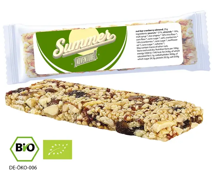 Bio Knusperriegel Cranberry-Mandel 25g (Vegan) inklusive Druck auf dem Etikett als Giveaway mit Logo