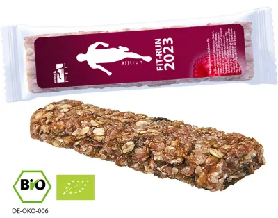 Bio Müsliriegel Multikorn Himbeere 30g (Vegan) inklusive Druck auf dem Etikett als Giveaway mit Logo