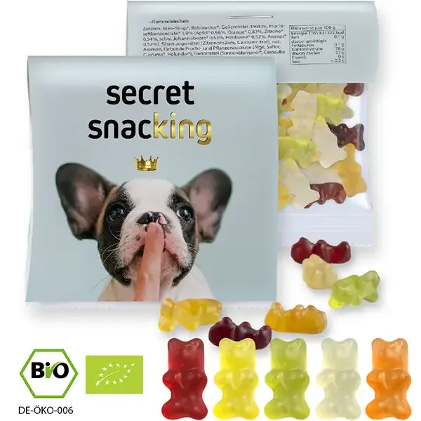 Bio Gummibärchen mit Gelatine 30g inklusive Logodruck auf der Verpackung als Werbeartikel