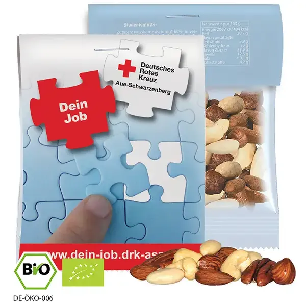 Bio Nusskernmischung 15g (Vegan) inklusive Druck auf dem Werbereiter aus Karton als hochwertiges Werbegeschenk mit Logo