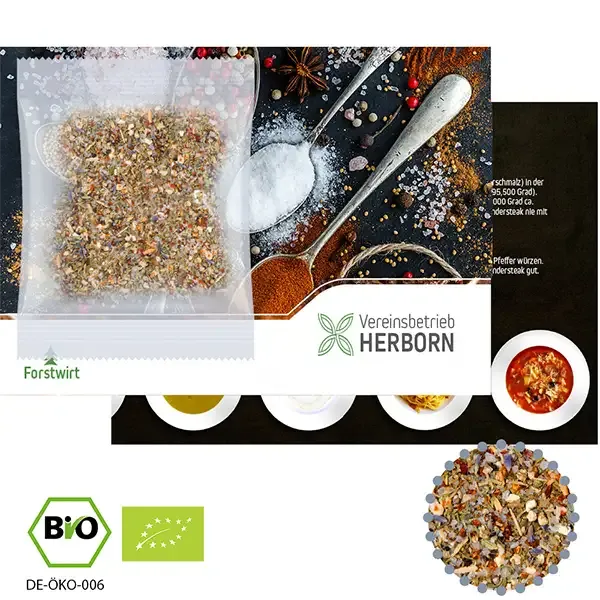 Bio Gewürzmischung „Alleskönner“ 10g auf Werbekarte inklusive Druck perfekt fürs Mailing mit Logo