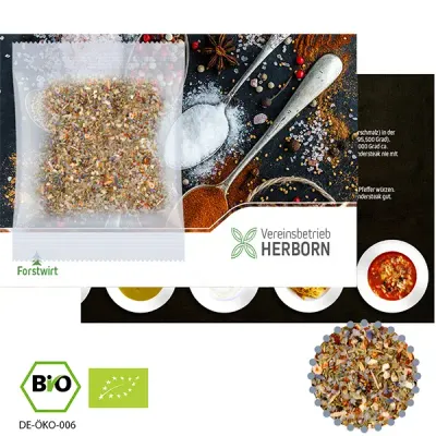 Bio Gewürzmischung „Alleskönner“ 10g auf Werbekarte inklusive Druck perfekt fürs Mailing mit Logo