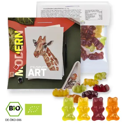 Bio Gummibärchen ohne Gelatine 30g (Vegan) Bio Gummibärchen ohne Gelatine 30g (Vegan) inklusive Druck auf dem Werbereiter aus Karton als Werbegeschenk mit Logo