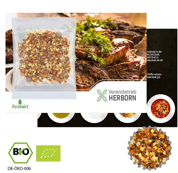 Bio Gewürzmischung „Feuer und Flamme“ 10g auf Werbekarte inklusive Druck als Giveaway mit Logo