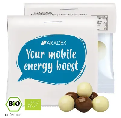 Bio Knusperkugeln-Mix 20g Bio Knusperkugeln-Mix 20g in Tüte mit Werbekarte inklusive Druck als Giveaway mit Logo perfekt für Messen