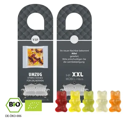 Türhänger mit Bio Gummibärchen mit Gelatine 10g Türhänger mit Bio Gummibärchen mit Gelatine 10g inklusive Druck auf dem Türanhänger als Werbeartikel mit Logo