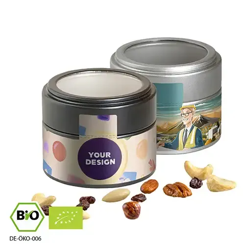 Bio Studentenfutter in Metalldose 60g (Vegan) inklusive Druck auf dem Etikett mit Logo als hochwertiges Werbegeschenk