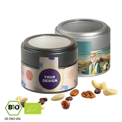 Bio Studentenfutter in Metalldose 60g (Vegan) inklusive Druck auf dem Etikett mit Logo als hochwertiges Werbegeschenk