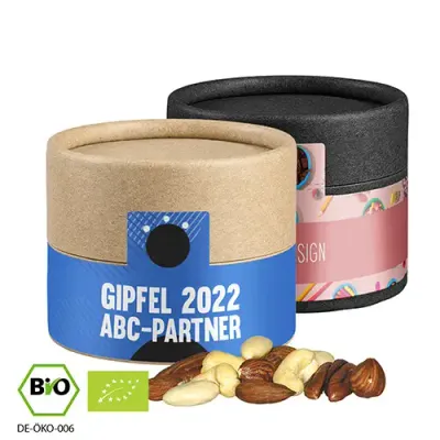 Bio NusskernMix 40g in Pappdose (Vegan) Bio NusskernMix 40g in Pappdose (Vegan) inklusive Druck auf dem Etikett als Werbegeschenk mit Logo