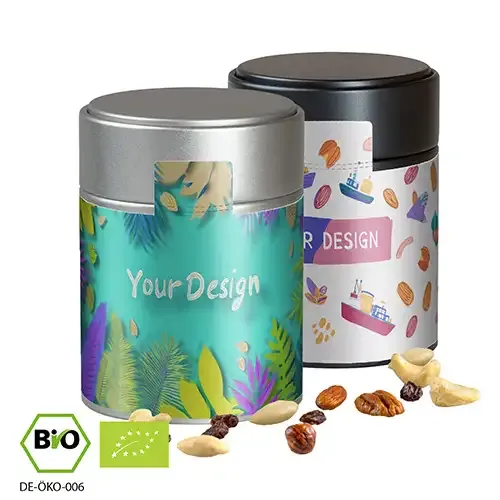 Bio Studentenfutter 100g in Metalldose (Vegan) inklusive Druck auf dem Etikett als hochwertiges Werbegeschenk mit Logo