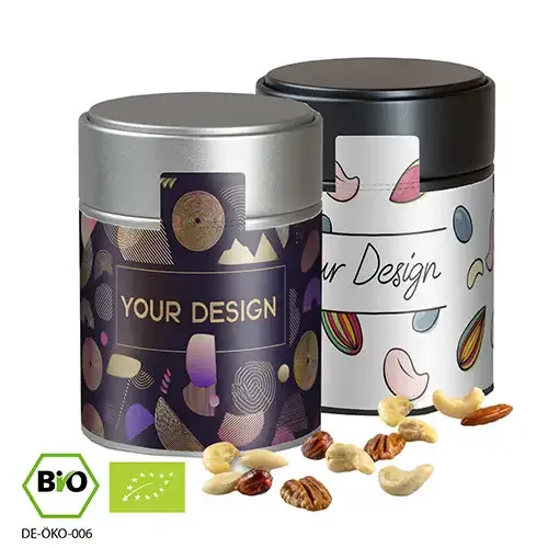 Bio NusskernMix 100g in Metalldose (Vegan) inklusive Druck auf dem Etikett als hochwertiges Werbegeschenk mit Logo