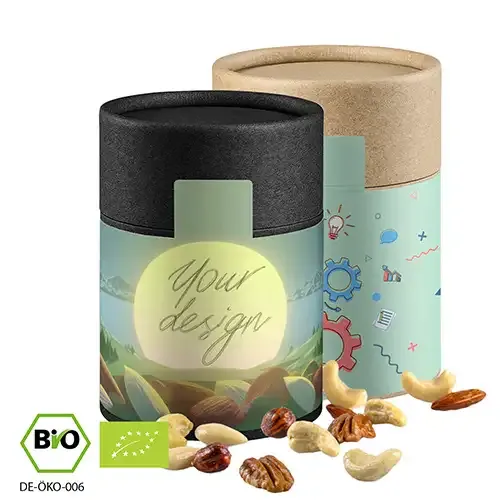 Bio NusskernMix 80g in Pappdose (Vegan) inklusive Druck auf dem Etikett als hochwertiges Mitarbeitergeschenk mit Logo
