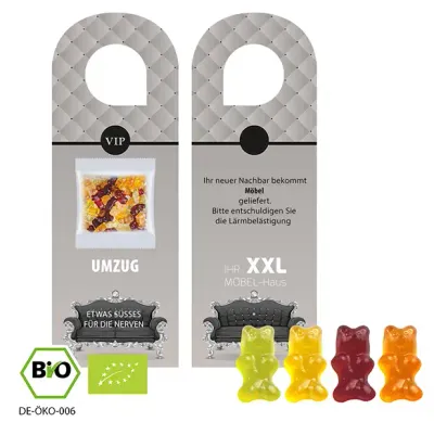 Türhänger mit Bio Gummibärchen ohne Gelatine 10g  (Vegan) inklusive Druck auf dem Türhänger als Werbeartikel mit Logo