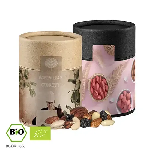 Bio Studentenfutter 80g in Pappdose (Vegan) inklusive Druck auf dem Etikett als hochwertiger Werbeartikel mit Logo