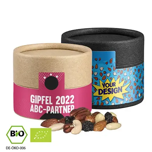Bio Studentenfutter 40g in Pappdose (Vegan) inklusive Druck auf Etikett als hochwertiges Werbegeschenk mit Logo