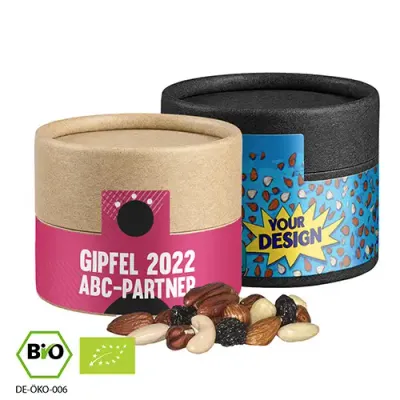 Bio Studentenfutter 40g in Pappdose (Vegan) inklusive Druck auf Etikett als hochwertiges Werbegeschenk mit Logo